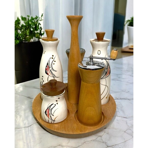 VTG Woodpecker Wood Ware Condiment Caddy Angel Fish Cruet Set 60s MCM Rare *READ - Picture 1 of 15